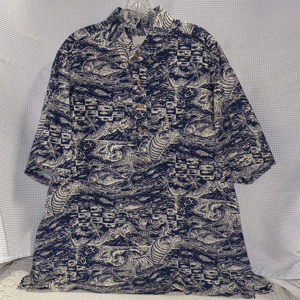 Kahala Aloha Shirt 4 Button 100% Cotton Fish Ocean  Canoe Coconut Trees Sz XL